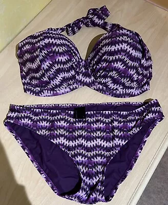 34DD 10 John Lewis 2 Way Halter Underwired Padded Wavy Ikat Pink Purple Bikini • £7