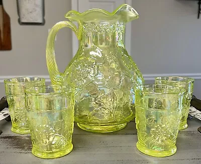 Rambling Rose W/Cane Handle By Mosser Glass - Pitcher Set - Vaseline Glass. • $299.99