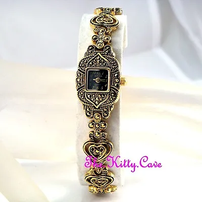 Edwardian Deco Vintage Arabesque Goth Heart Gold Pl Marcasite Ladies Dress Watch • $37.34