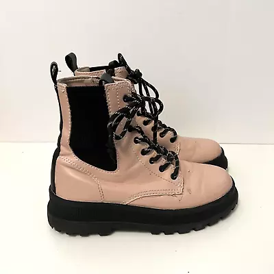 Zara Combat Boots Girls EU 35 3.5 Pink Vegan Leather Lug Sole Zip Closure Shoes • $11.50
