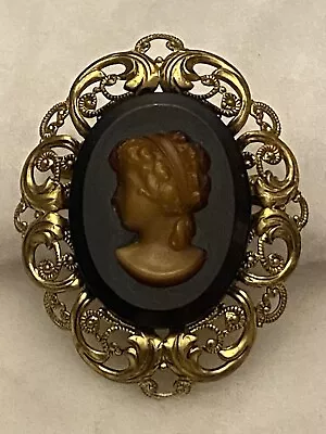 Vintage Signed Western Germany Gold Tone Root Beer Left Facing Faux Cameo Brooch • $35