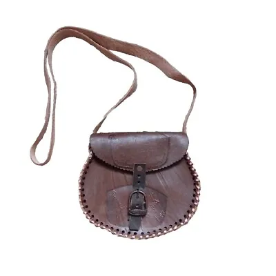 TACUBA HAND TOOLED SMALL LEATHER SHOULDER BAG BROWN YELLOW W/Pink Stitch Native  • $18