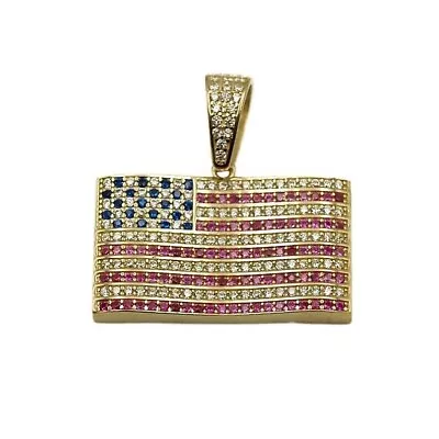 3Ct Round Cut Blue Sapphire RubyUS Flag Pendant Lab-Created 14k Yellow Gold FN • $182.99