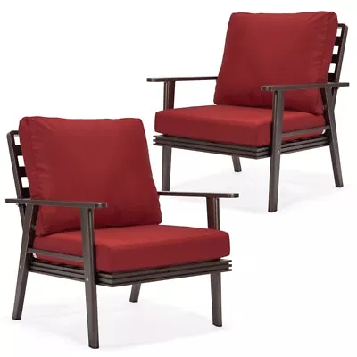 LeisureMod Walbrooke Outdoor Patio Brown Aluminum Armchairs Set Of 2 Red • $980.30