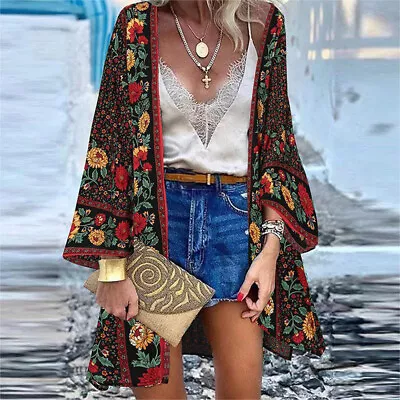 Womens Bohemia Floral Cardigan Kimono Sleeve Beach Cover Up Tops Coat AU • $23.86