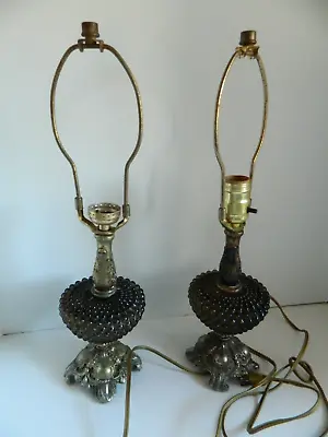 Pair Of Vintage Amber Hobnail Ornate Base Electric Table Lamps • $90.97