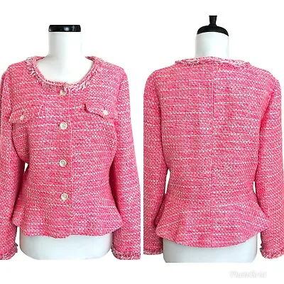 J Crew Peplum Lady Tweed Boucle Jacket Blazer Barbie Pink Fringe Size 14 G1959 • $74.99