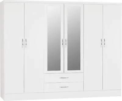 6 Door Wardrobe Mirrored High Gloss Closet Cabinet Storage Unit Nevada White • £420.99