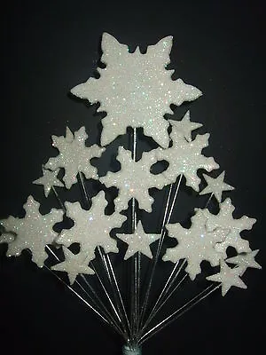 £11.99 • Buy White Frozen Glittered Snowflakes Christmas Cake Topper Decoration