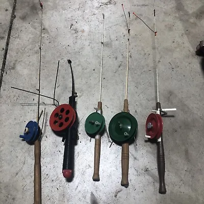 Lot Of  Vtg Ice Fishing Rod Pole & Reel Red. • $29.99