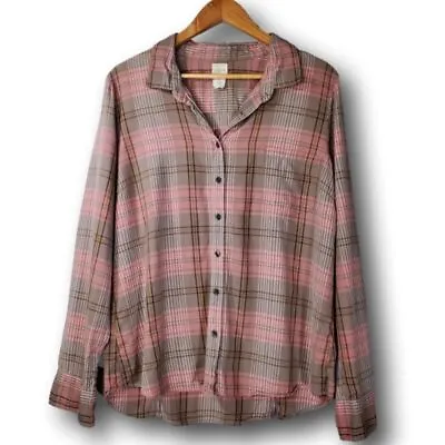 J. Crew The Perfect Shirt Flannel Plaid Button Front Top Pink Tan Size XL • $25