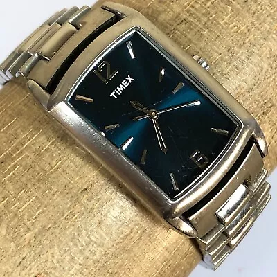 Vintage Timex Unisex Adults Stainless Steel Blue Dial Rectangular Quartz Watch • $15.35