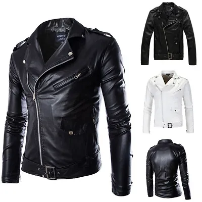 $30.47 • Buy Mens Punk PU Leather Coat Slim Fit Biker Motorcycle Jacket  Zipper Outwear