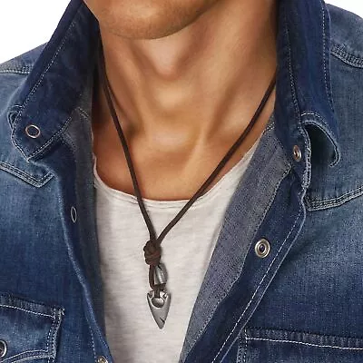 £8.45 • Buy Mens Necklace PENDANT Leather Cord Arrowhead Cross Surfer Boys Tooth Tusk Gift