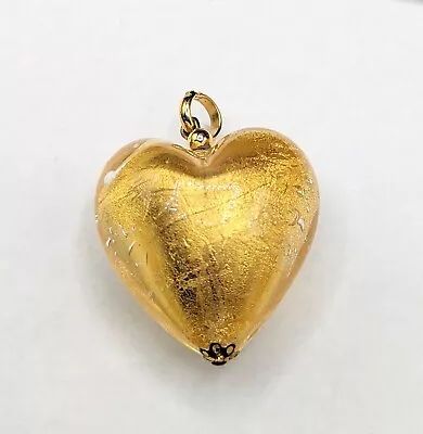 Gold Venetian Murano Foil Art Glass Puffy Heart Focal Bead Pendant • $35