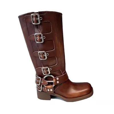 $71.09 • Buy Womens Buckle Knee High Boots Pull On Boot Leather Retro Riding Punk Block Heels