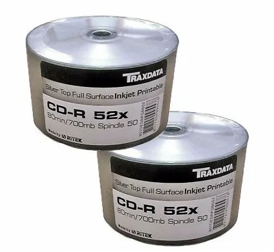 100 Traxdata Inkjet Printable Silver CD-R 52x 700MB 80 Min Ritek Blank CD Discs  • £22.29
