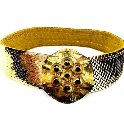 VTG Gold Tone Wide Women Stretch Belt Hammered Buckle 3D Faux Snake Style 26-28  • $24