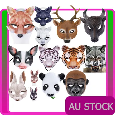 Face Mask Fox Pig Rabbit Tiger Wolf Panda Buffalo Deer Gorilla Animal Zoo Party • £9.45