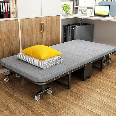 Folding Single Bed Rollaway Guest Mobile Sleeper W/ Mattress Steel Frame Wheeled • £72.95