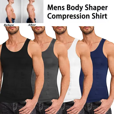 Mens Compression T-Shirt Slimming Tummy Body Shaper Vest Ultra Durable Tank Tops • $8.79