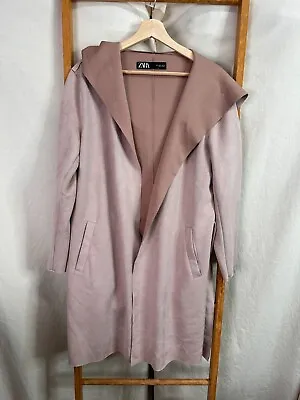 Zara Coat Womens Large Pink Long Sleeve Open Front Mid Length Raw Cut Hooded • $22.95