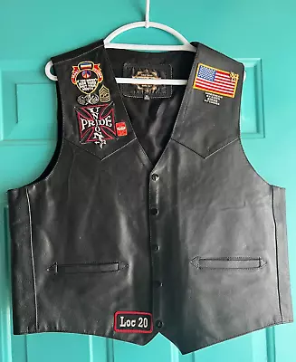 Vintage Black Leather Biker Vest With Patches And Pins Collectible. VG Cond. • $38.23