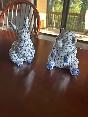 $33 • Buy Ceramic Art Pottery Figurines Andrea By Sadek Teddy Rabbit Blue White Fishnet