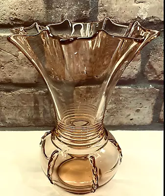 Vintage RARE Peach Depression Glass New Martinsville Radiance Crimpled Top Vase • $46