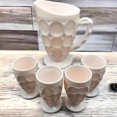 Pink Jeanette Milk Glass Pitcher W/ 4 Juice Tea Glass Set Thumbprint Vintage • $70