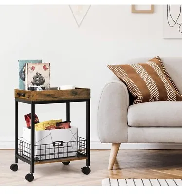 Fogein Side/End Table With Wheels Removable Serving Tray Rustic Brown • $20