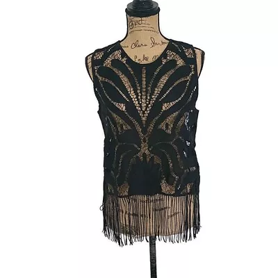 NWT Zara Womens Sz M Tank Top Black Lace Fringe Hem Sleeveless • $19.98