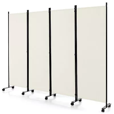 4-Panel Folding Room Divider 6' Rolling Privacy Screen W/ Lockable Wheels White • $69.95