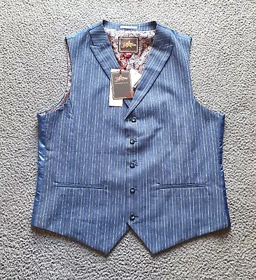 Joe Browns Waistcoat Mens 42R Blue Striped Linen Blend Notch Lapel Lined NWT • £36.87