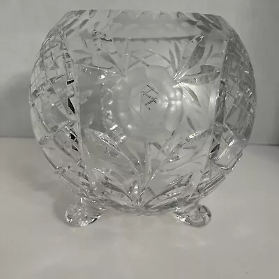 Vintage Lead Crystal Bowl 3 Footed - Heavy Deep Cut Glass Etched With Roses • $22.50