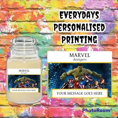 Personalised Marvel Avengers Label For Yankee Candle Sweet Jar Gift Box. • £3.10