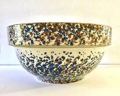 Antique HTF Western Stoneware Co. 9” Bowl Spongeware Pottery Blue Rust Monmouth • $79