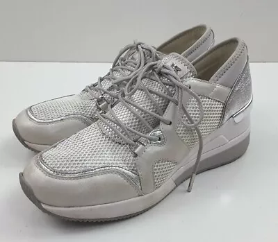 Michael Kors Scout Trainer Sneakers Silver White Platform Wedge Lace Up Size 7M • $59.99