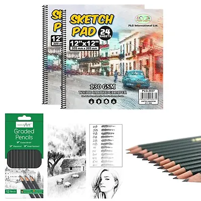 Pack Of 2 Sketch Pad 12  X 12  With 12 Graded Pencil Set Kid Artist Drawing Book • £8.89