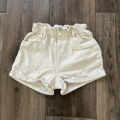 Zara Girls Toddler Cream Denim Paperbag Shorts Pockets Size 3-4 Years • $8.99