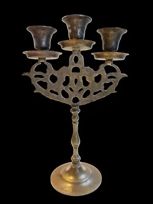 Vintage Brass Candelabra Etched Dragon Oriental 3 Candle Chinese Candlestick • $16.09