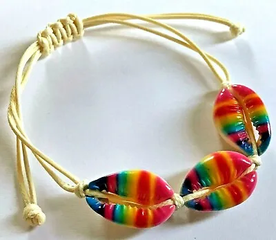 Rainbow Patterned Cowrie Shell (adjustable) Macramé Bracelet • £2.25