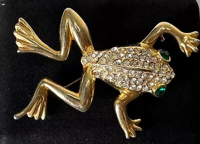 Gold Tone Clear Rhinestone Green Eyed Frog Vintage Brooch Jewelry Lot Z • $0.99