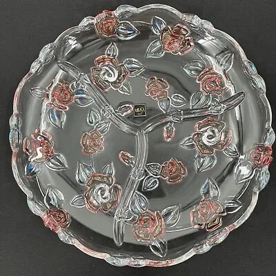 Vintage Mikasa Crystal Serving Plate Platter Tray Ruffled Rosella Frosted Pink • $27