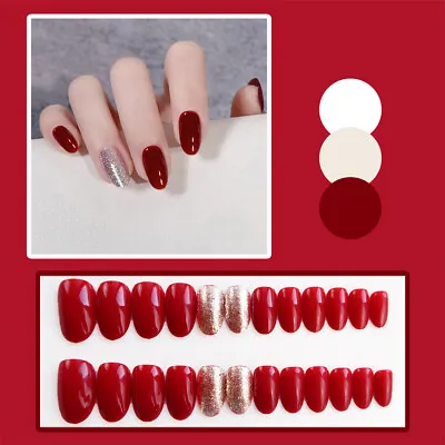 Almond Medium Fake  Nail Sequins Red Christmas Press On Nails For Nail Art 24pcs • $5.99