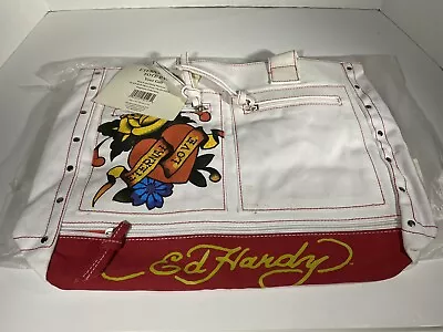 New! ED HARDY Canvas White Fabric Tote Bag - Vintage  Eternal Love” • $48