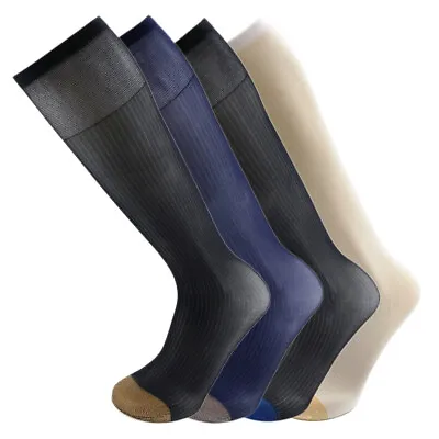 4Pairs Pack Men's Striped OTC Nylon Silk Yellow Blue Toe Sheer Dress Socks 0029 • $14.99