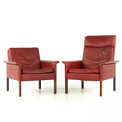 Hans Olsen Mid Century Danish Rosewood And Red Leather Chairs - Pair • $5395