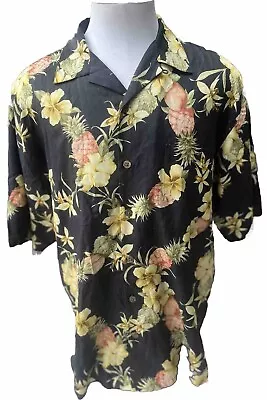 Tommy Bahama Black  Silk Hawaiian Shirt Floral Pineapple Print Mens Large • $19.99
