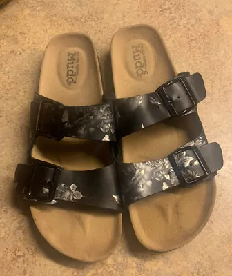 Women's Size 9 MUDD Black/Silver Double Strap With Buckle Slides Sandals • $8.50